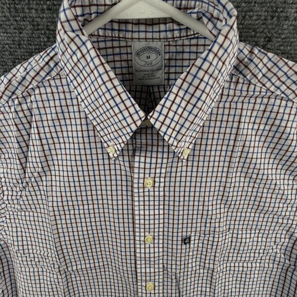 Brooks Brothers Medium Slim Fit Red White Blue Check Long Sleeve All Cotton Logo - Picture 1 of 13